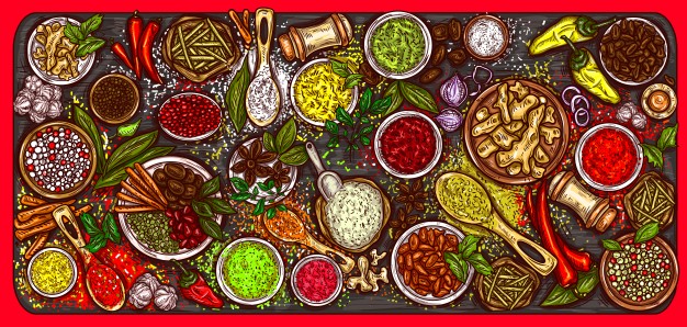 vector illustration variety spices herbs wooden background 1441 465